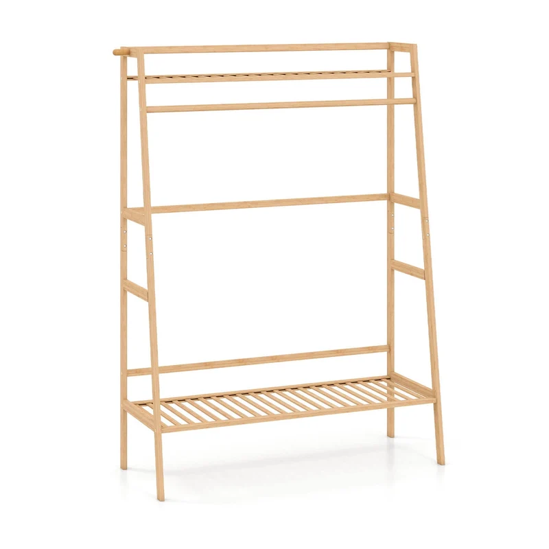 Bamboo Garment Rack, Freestanding Open Wardrobe with Hanging Rod, Natural
