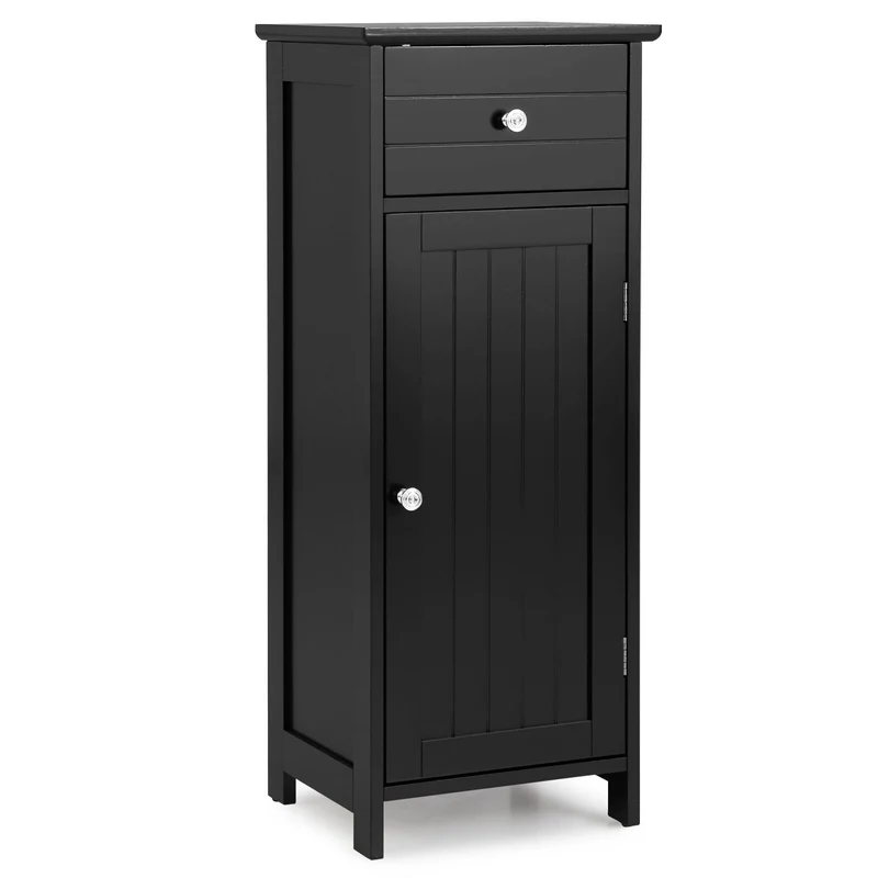 Wooden Bathroom Floor Storage Cabinet With Drawer And Shelf, Black