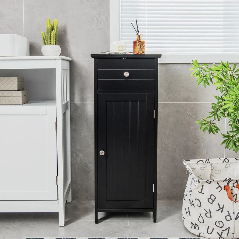 Wooden Bathroom Floor Storage Cabinet With Drawer And Shelf, Black