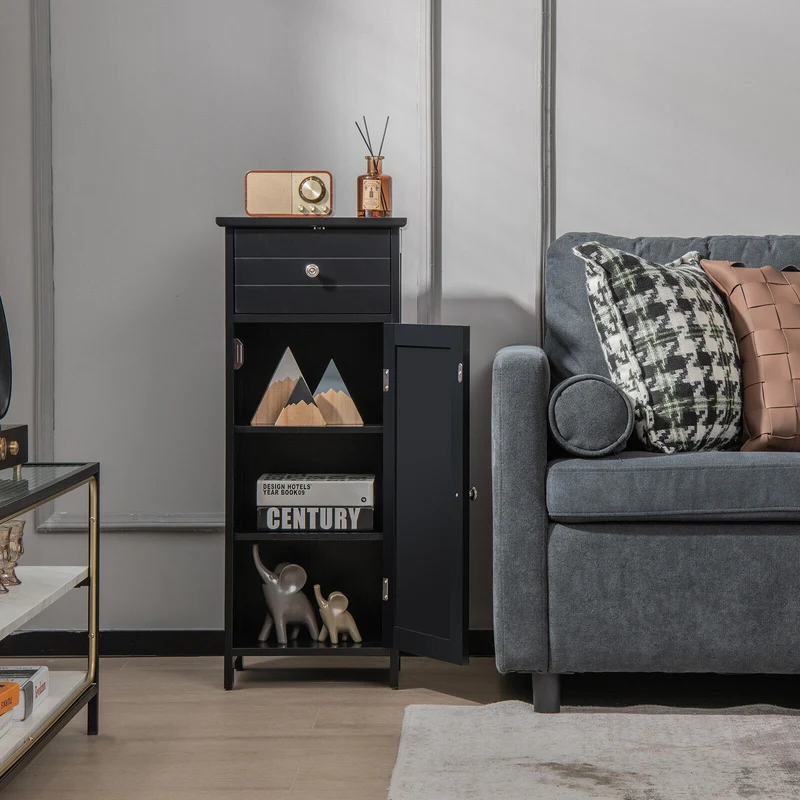 Wooden Bathroom Floor Storage Cabinet With Drawer And Shelf, Black
