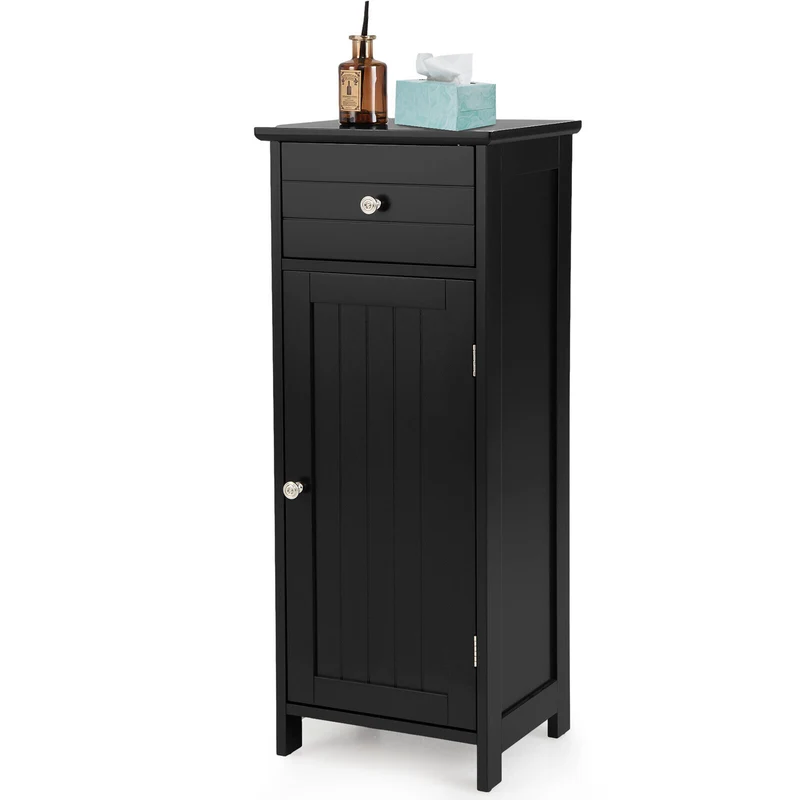 Wooden Bathroom Floor Storage Cabinet With Drawer And Shelf, Black