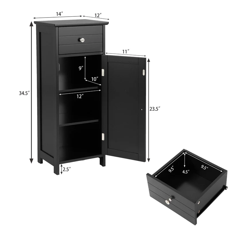 Wooden Bathroom Floor Storage Cabinet With Drawer And Shelf, Black