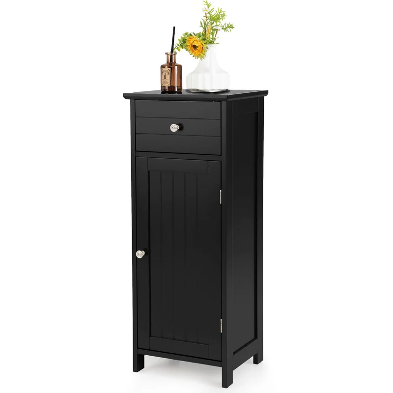 Wooden Bathroom Floor Storage Cabinet With Drawer And Shelf, Black