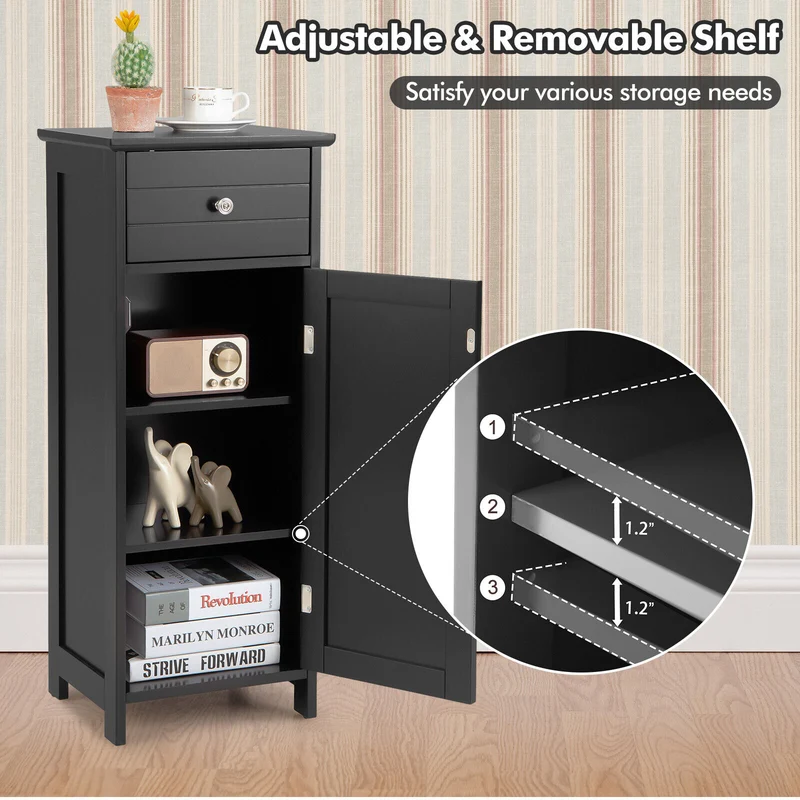 Wooden Bathroom Floor Storage Cabinet With Drawer And Shelf, Black