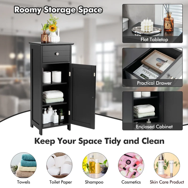 Wooden Bathroom Floor Storage Cabinet With Drawer And Shelf, Black