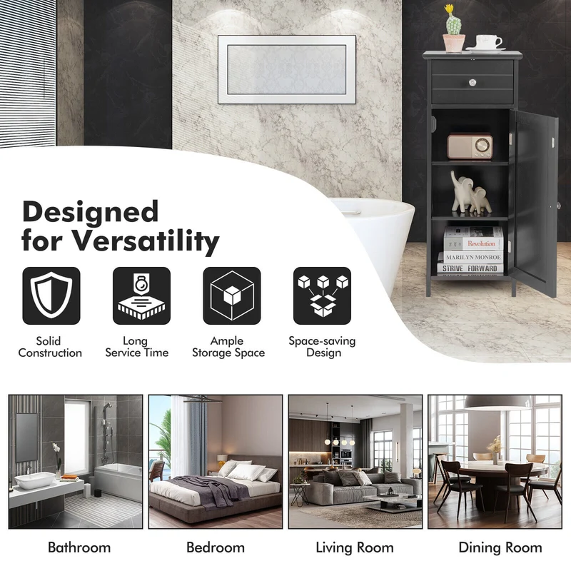 Wooden Bathroom Floor Storage Cabinet With Drawer And Shelf, Black