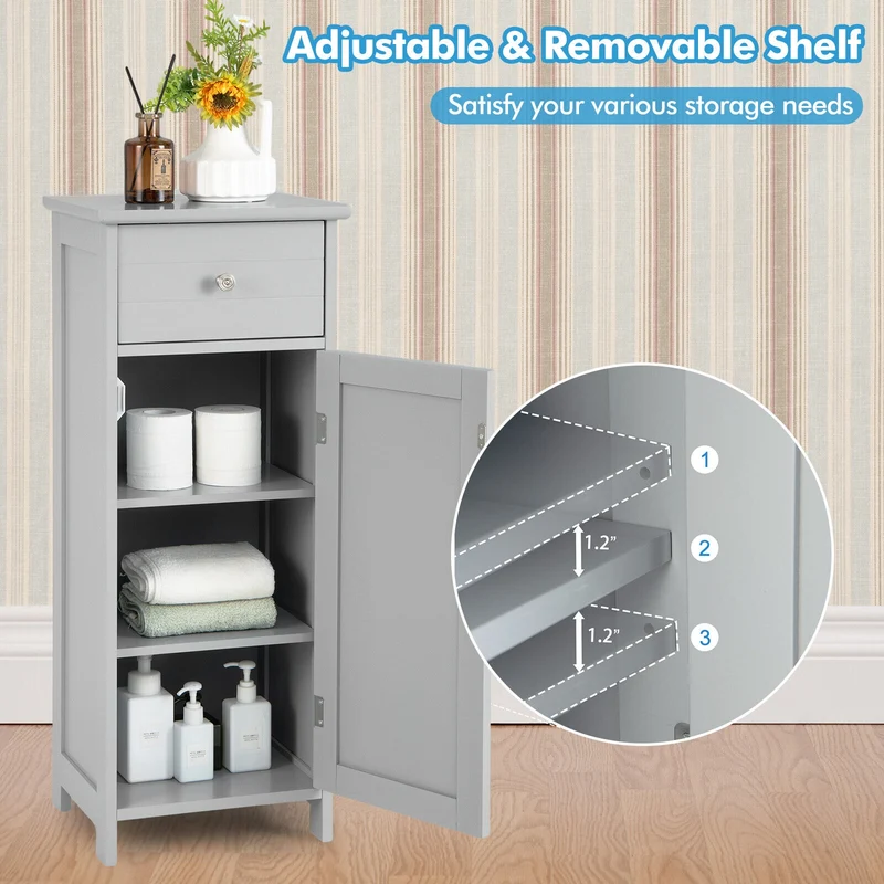 Wooden Bathroom Cabinet With Drawer And Shelf, Gray