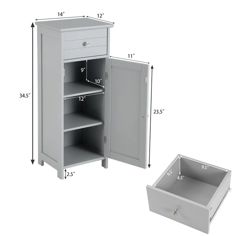 Wooden Bathroom Cabinet With Drawer And Shelf, Gray