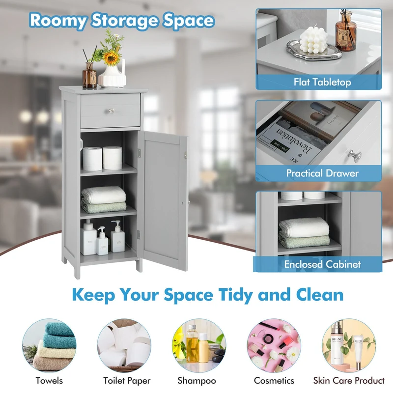 Wooden Bathroom Cabinet With Drawer And Shelf, Gray