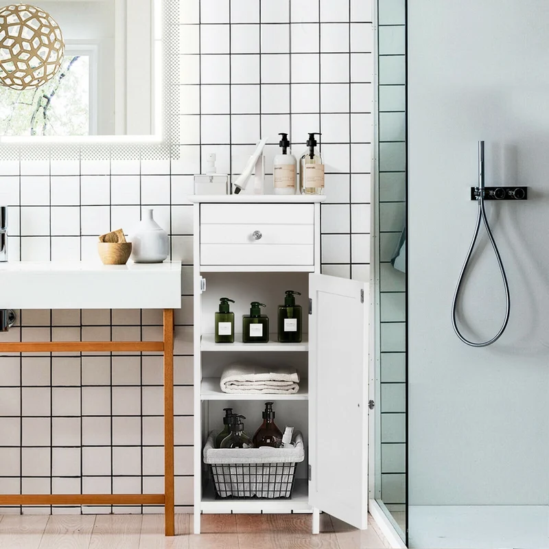 Wooden Bathroom Floor Storage Cabinet With Drawer, White