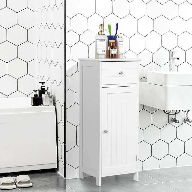 Wooden Bathroom Floor Storage Cabinet With Drawer, White