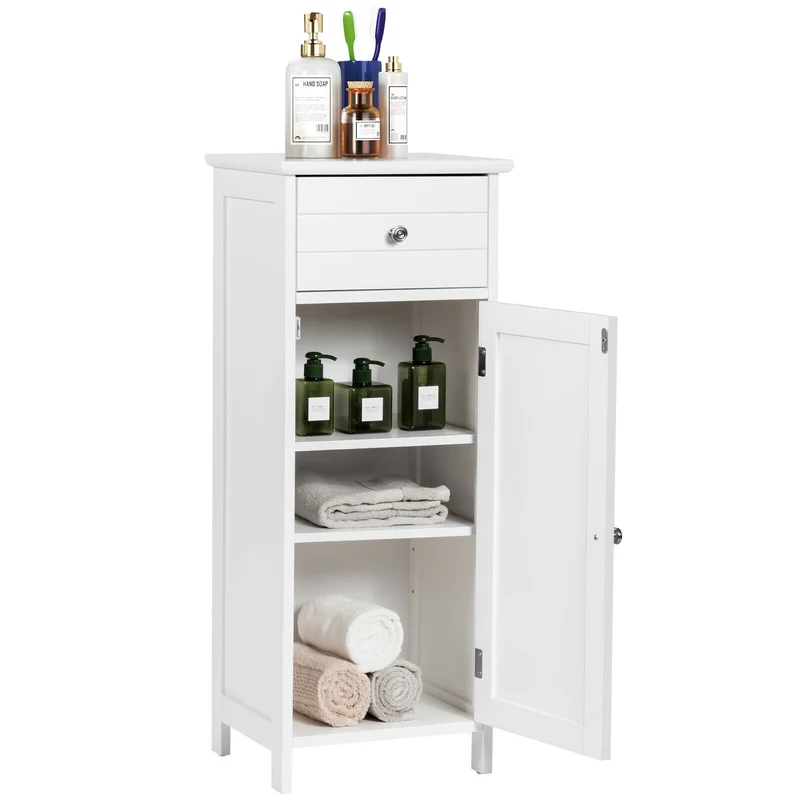 Wooden Bathroom Floor Storage Cabinet With Drawer, White
