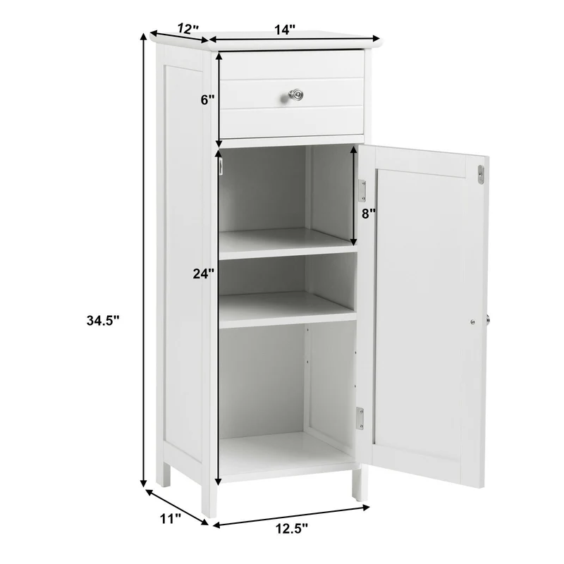 Wooden Bathroom Floor Storage Cabinet With Drawer, White