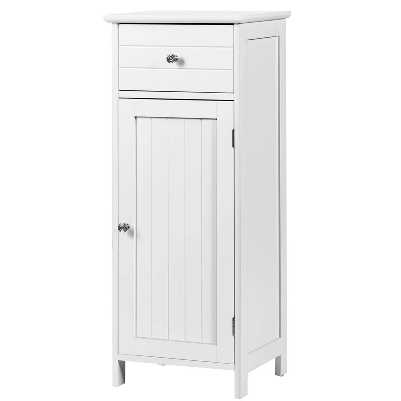Wooden Bathroom Floor Storage Cabinet With Drawer, White