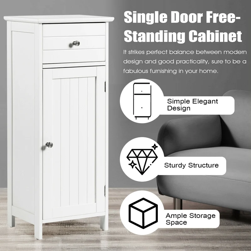 Wooden Bathroom Floor Storage Cabinet With Drawer, White
