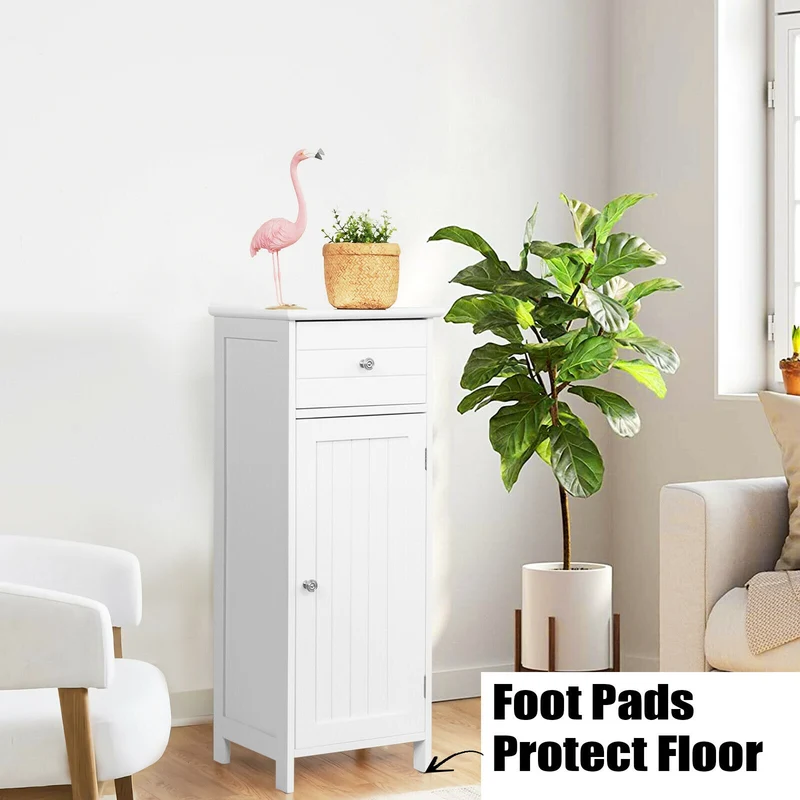 Wooden Bathroom Floor Storage Cabinet With Drawer, White