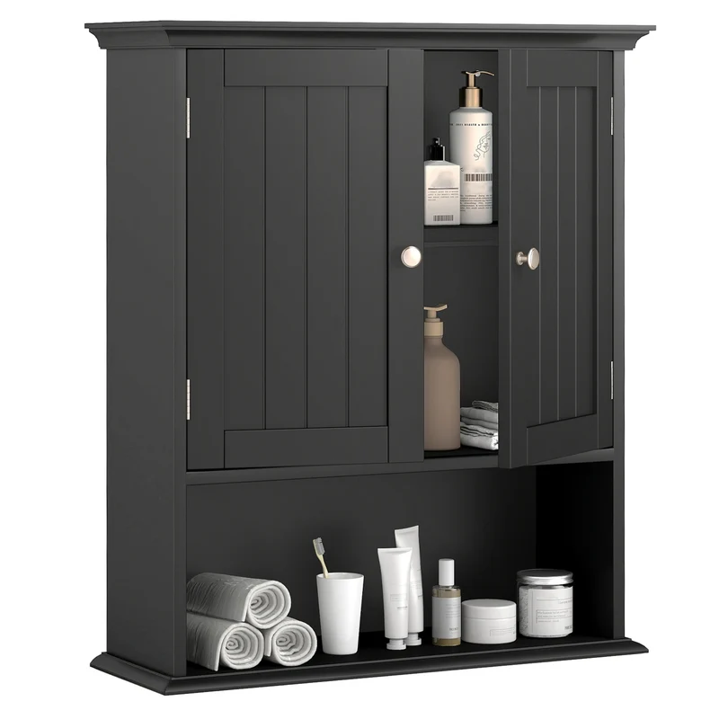 Wall Mount Bathroom Cabinet With Doors, Shelves, Black
