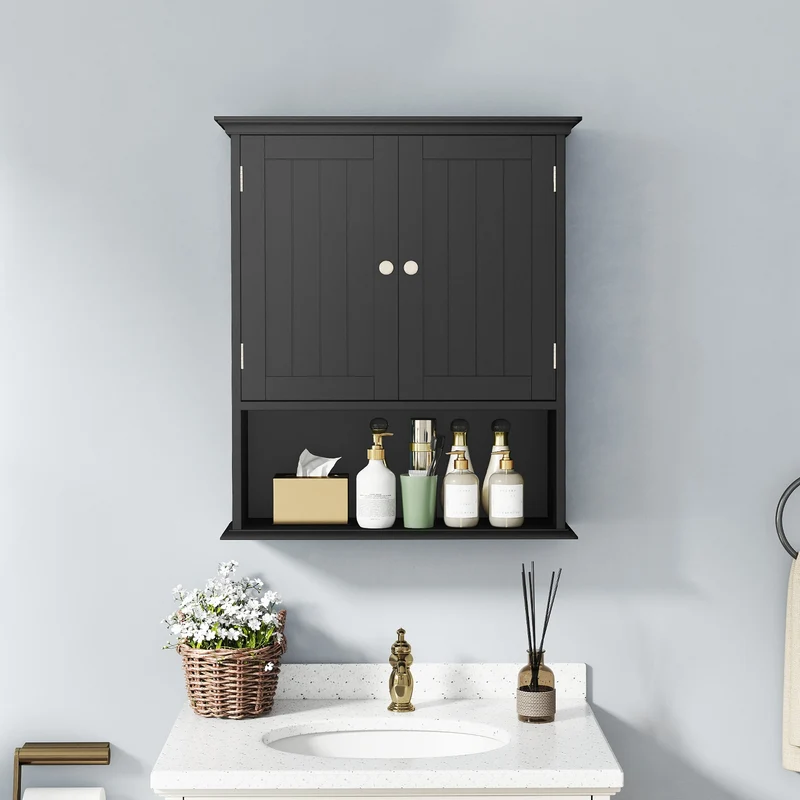Wall Mount Bathroom Cabinet With Doors, Shelves, Black
