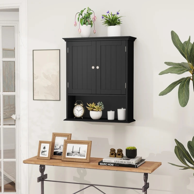 Wall Mount Bathroom Cabinet With Doors, Shelves, Black