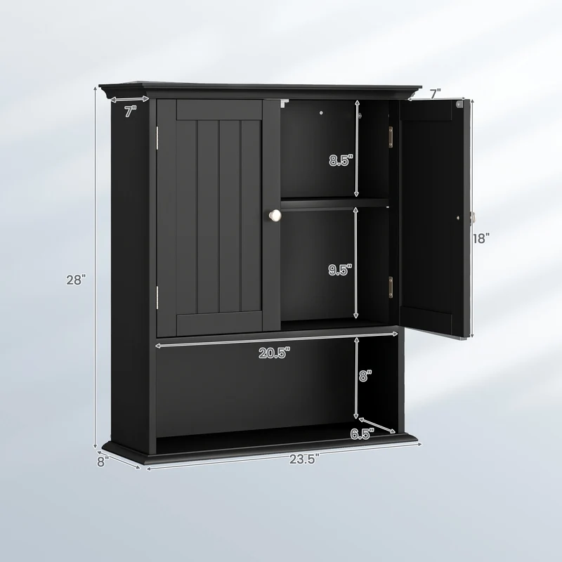 Wall Mount Bathroom Cabinet With Doors, Shelves, Black