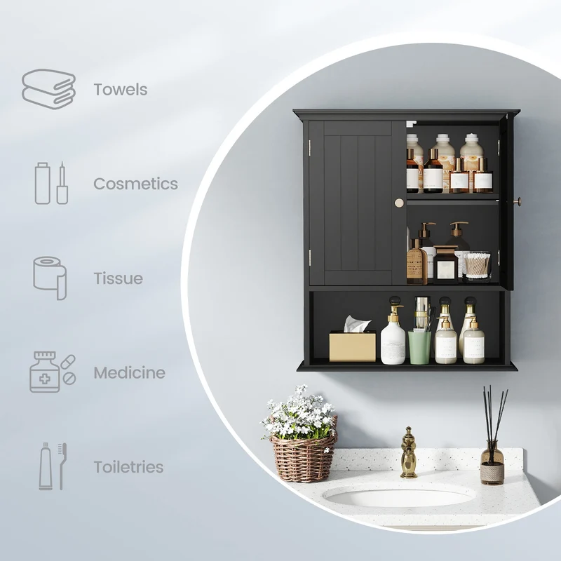 Wall Mount Bathroom Cabinet With Doors, Shelves, Black