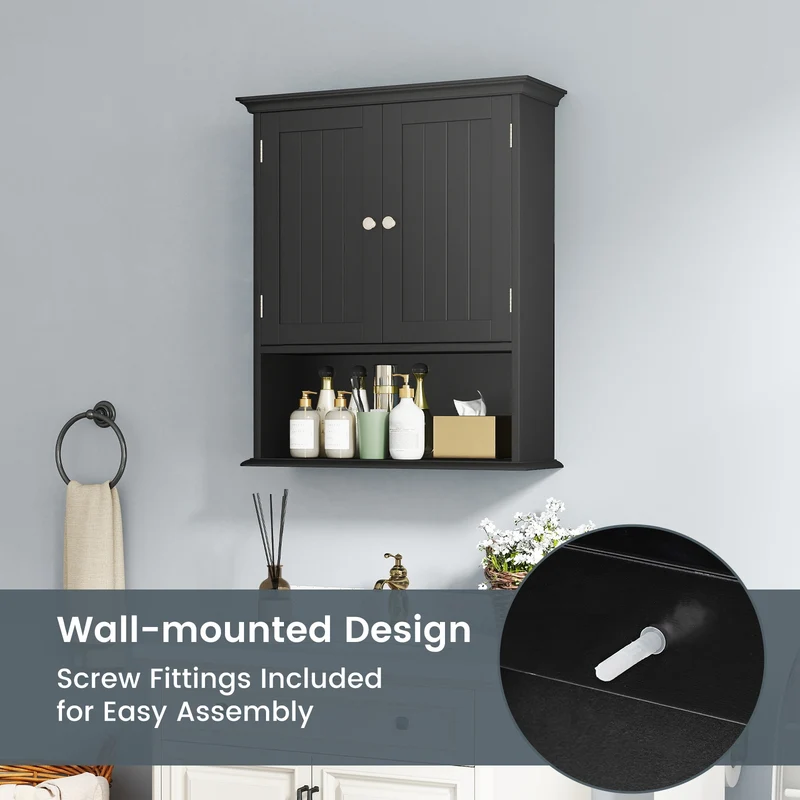 Wall Mount Bathroom Cabinet With Doors, Shelves, Black