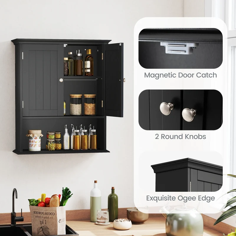 Wall Mount Bathroom Cabinet With Doors, Shelves, Black