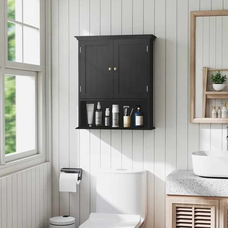 Wall Mount Bathroom Cabinet With Doors, Shelves, Black