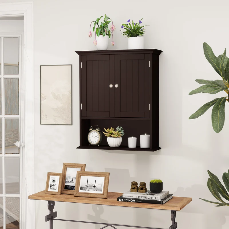 Wall Mount Bathroom Cabinet, With Doors And Shelves, Brown