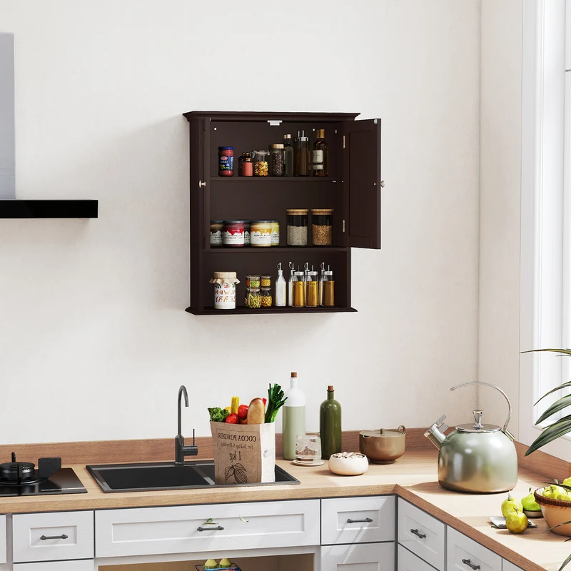 Wall Mount Bathroom Cabinet, With Doors And Shelves, Brown