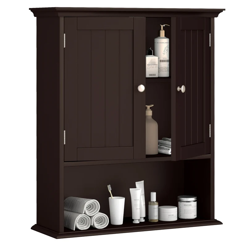 Wall Mount Bathroom Cabinet, With Doors And Shelves, Brown