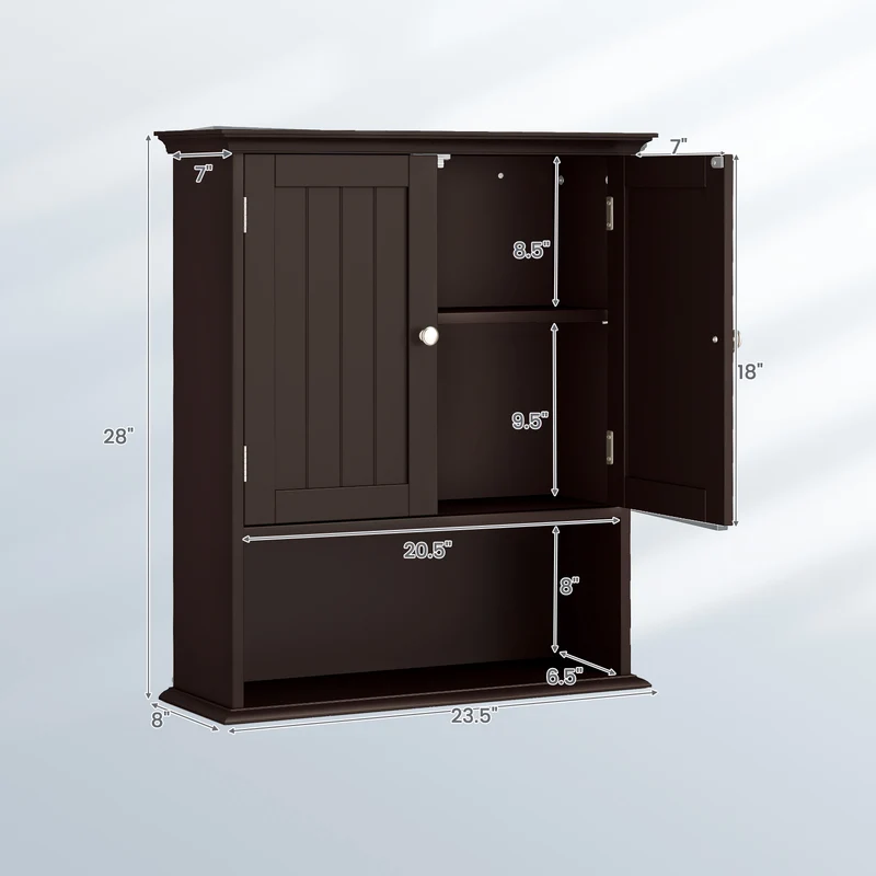 Wall Mount Bathroom Cabinet, With Doors And Shelves, Brown