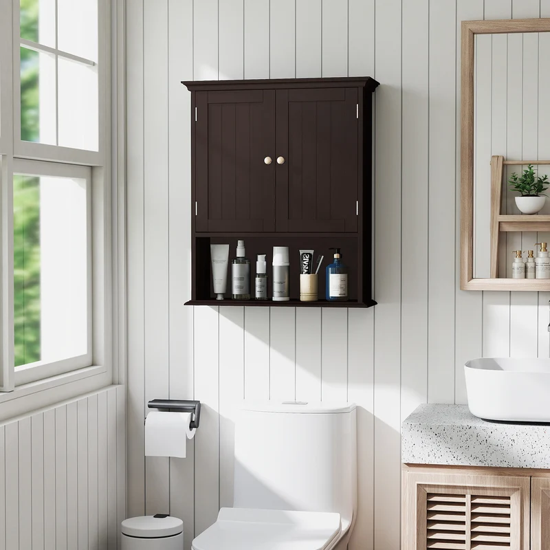Wall Mount Bathroom Cabinet, With Doors And Shelves, Brown