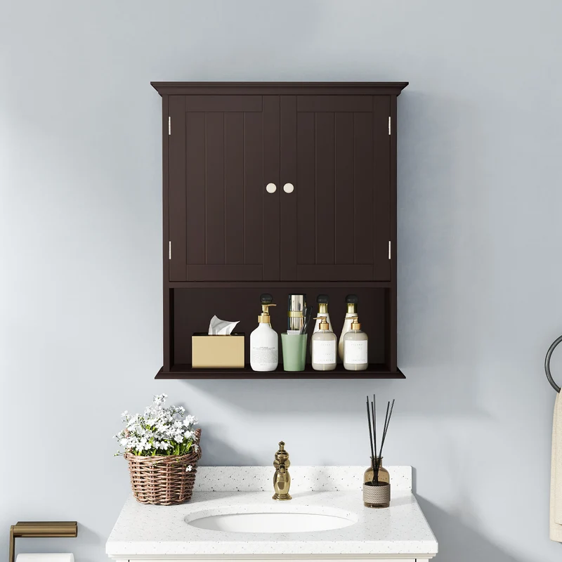 Wall Mount Bathroom Cabinet, With Doors And Shelves, Brown