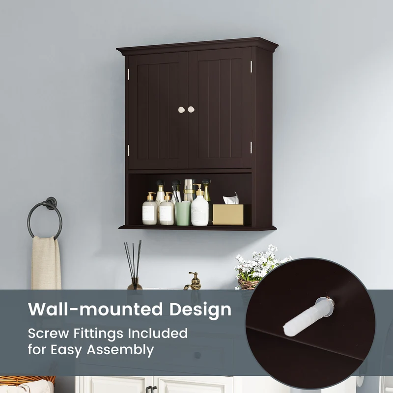 Wall Mount Bathroom Cabinet, With Doors And Shelves, Brown