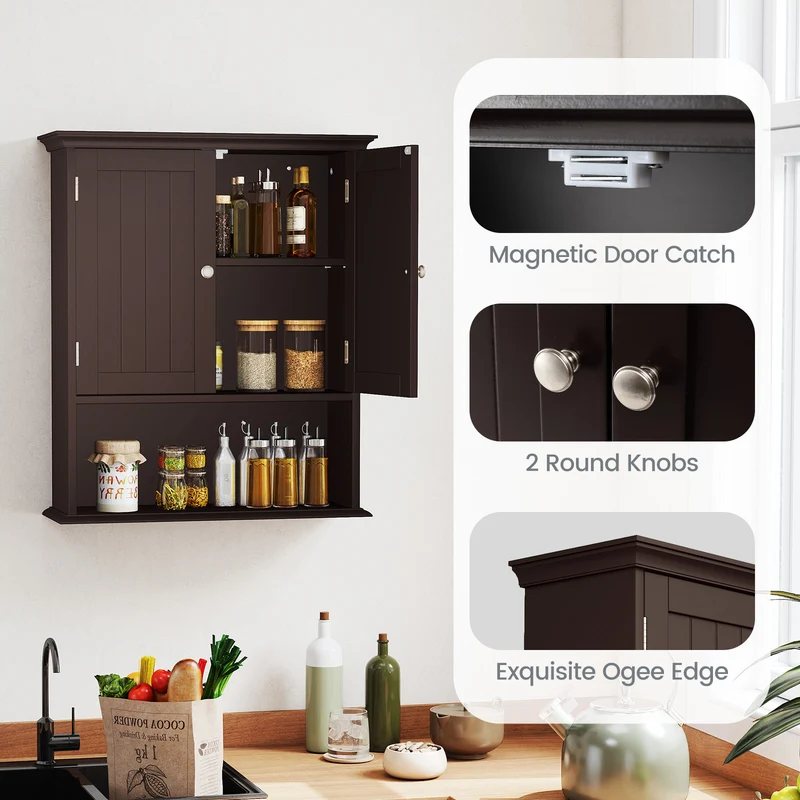 Wall Mount Bathroom Cabinet, With Doors And Shelves, Brown