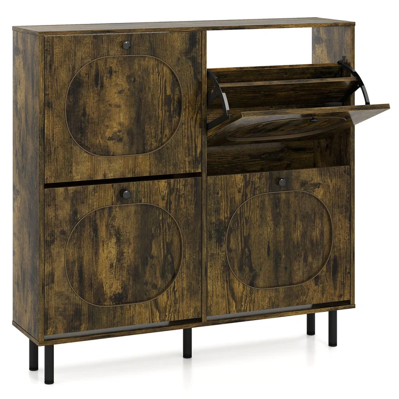 Shoe Storage Cabinet, 4 Flip Drawers, Aluminum Legs, Rustic Brown