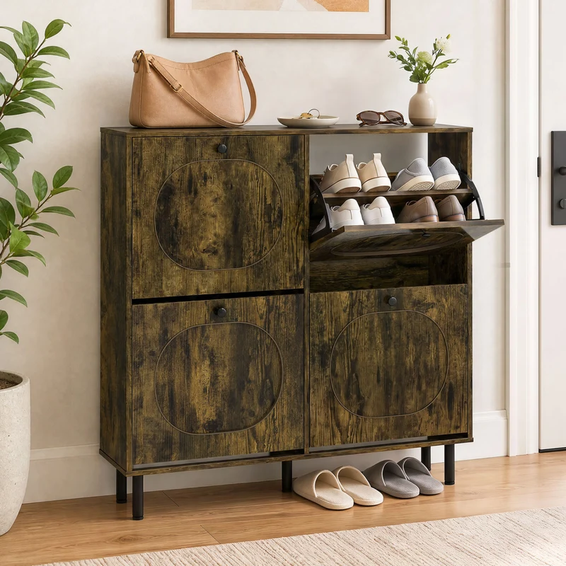 Shoe Storage Cabinet, 4 Flip Drawers, Aluminum Legs, Rustic Brown