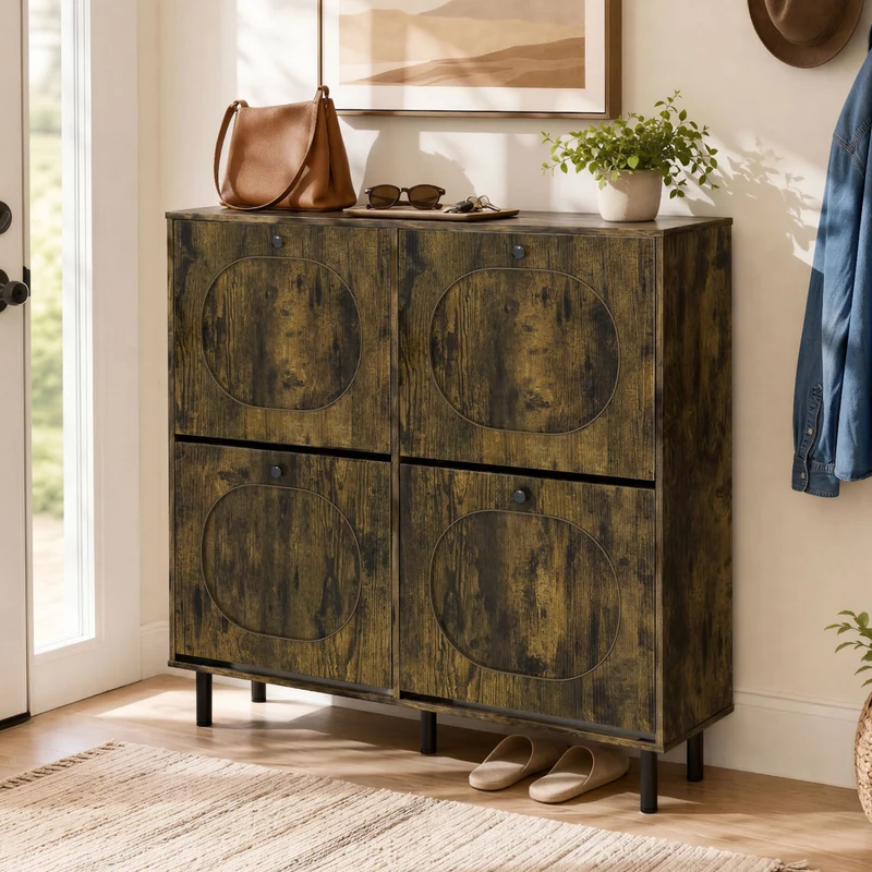 Shoe Storage Cabinet, 4 Flip Drawers, Aluminum Legs, Rustic Brown