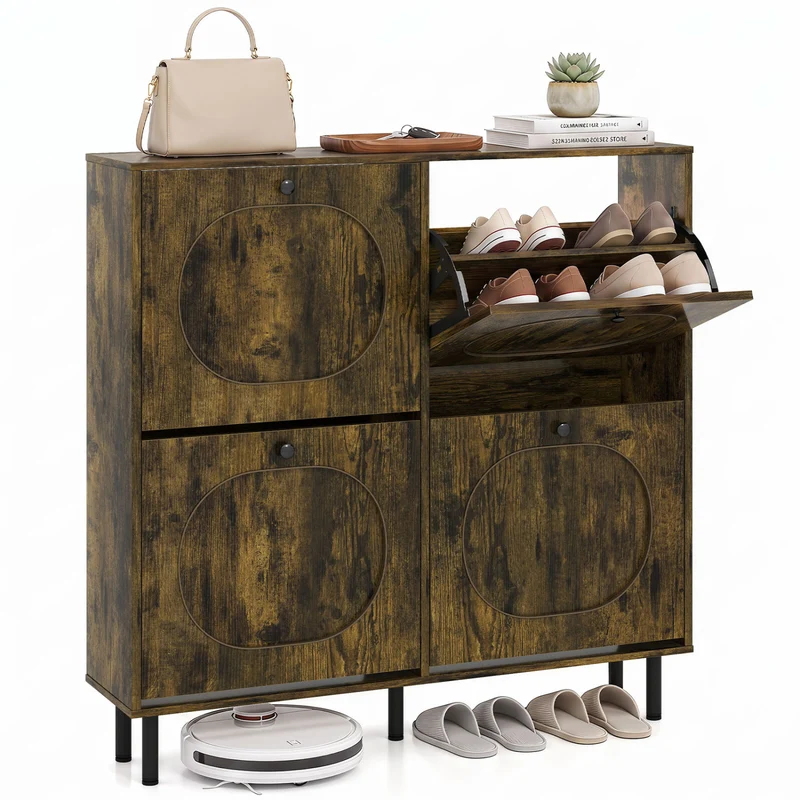 Shoe Storage Cabinet, 4 Flip Drawers, Aluminum Legs, Rustic Brown