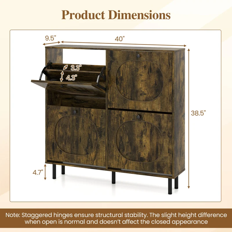 Shoe Storage Cabinet, 4 Flip Drawers, Aluminum Legs, Rustic Brown