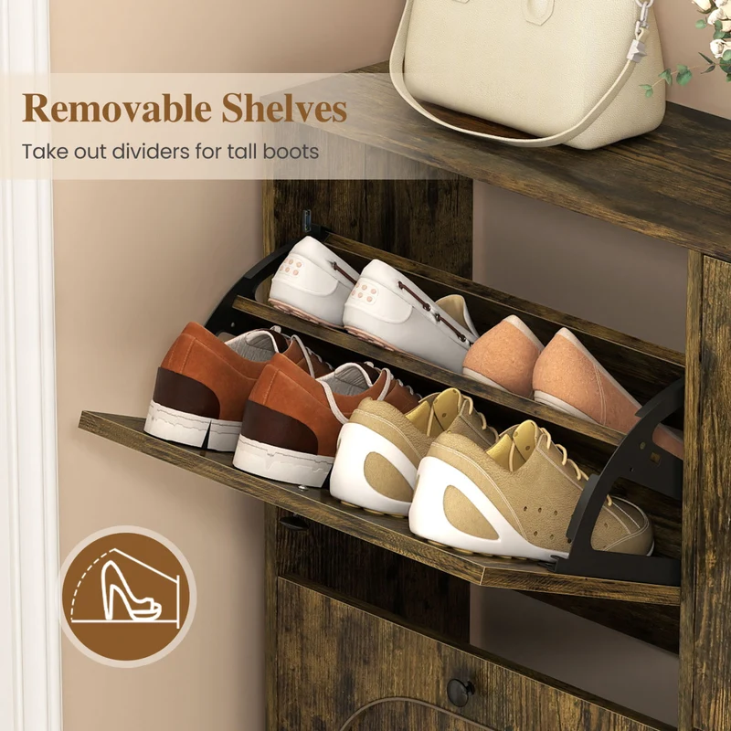 Shoe Storage Cabinet, 4 Flip Drawers, Aluminum Legs, Rustic Brown