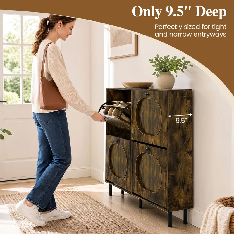 Shoe Storage Cabinet, 4 Flip Drawers, Aluminum Legs, Rustic Brown