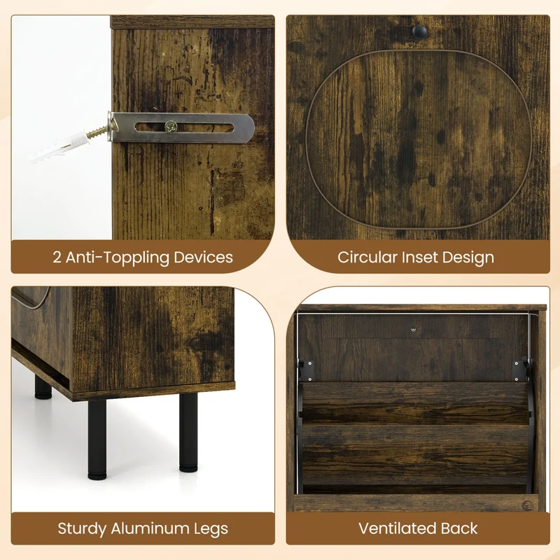 Shoe Storage Cabinet, 4 Flip Drawers, Aluminum Legs, Rustic Brown