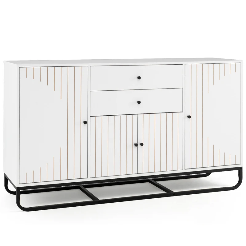 Modern Buffet Sideboard Cabinet, 2 Drawers, Adjustable Shelves, White