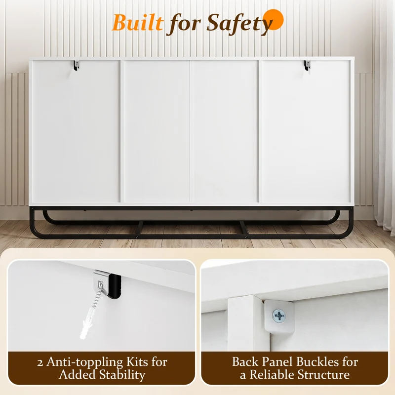 Modern Buffet Sideboard Cabinet, 2 Drawers, Adjustable Shelves, White