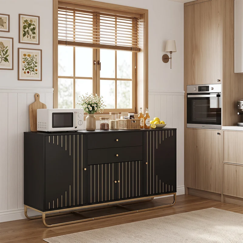 Modern Buffet Sideboard Cabinet, 2 Drawers, Black