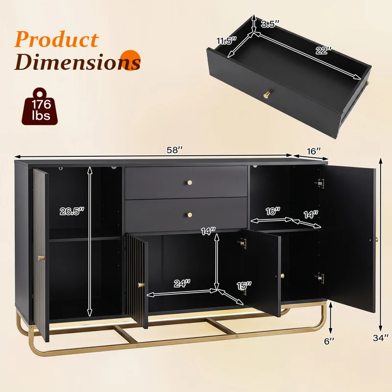 Modern Buffet Sideboard Cabinet, 2 Drawers, Black