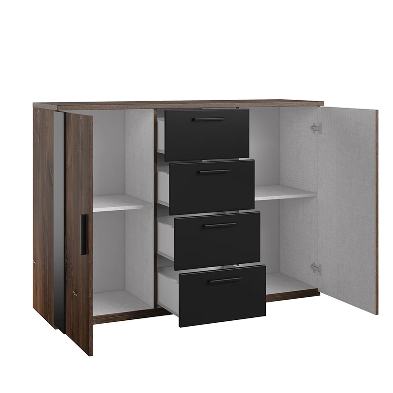 Commode 2 portes 4 tiroirs Alec Bois foncé et Noir