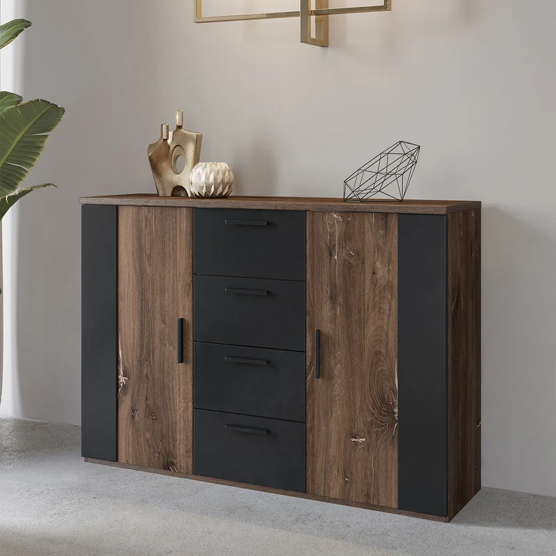 Commode 2 portes 4 tiroirs Alec Bois foncé et Noir